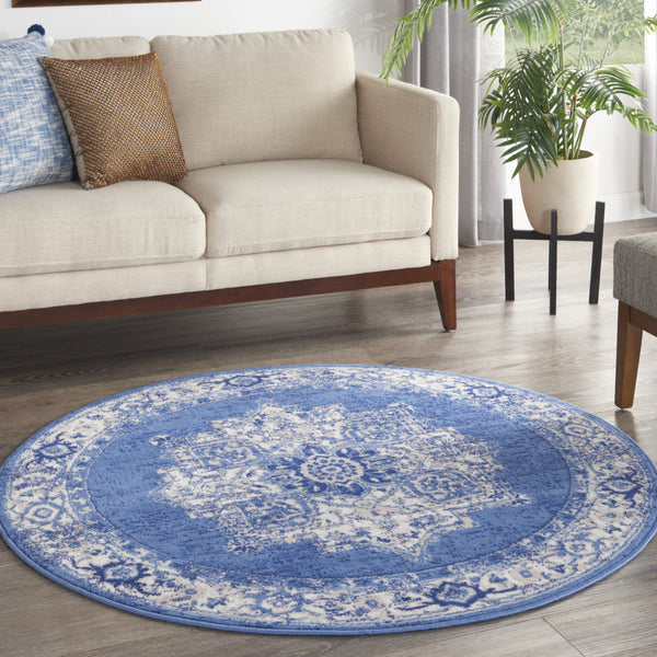 Homeroots 5' Ivory Navy Blue And Beige Floral Medallion Round Rug  Polypropylene 552415