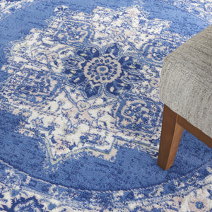 Homeroots 5' Ivory Navy Blue And Beige Floral Medallion Round Rug  Polypropylene 552415