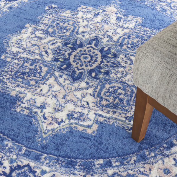 Homeroots 5' Ivory Navy Blue And Beige Floral Medallion Round Rug  Polypropylene 552415