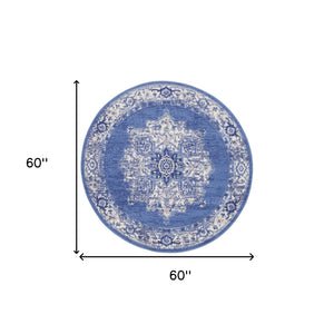 Homeroots 5' Ivory Navy Blue And Beige Floral Medallion Round Rug  Polypropylene 552415