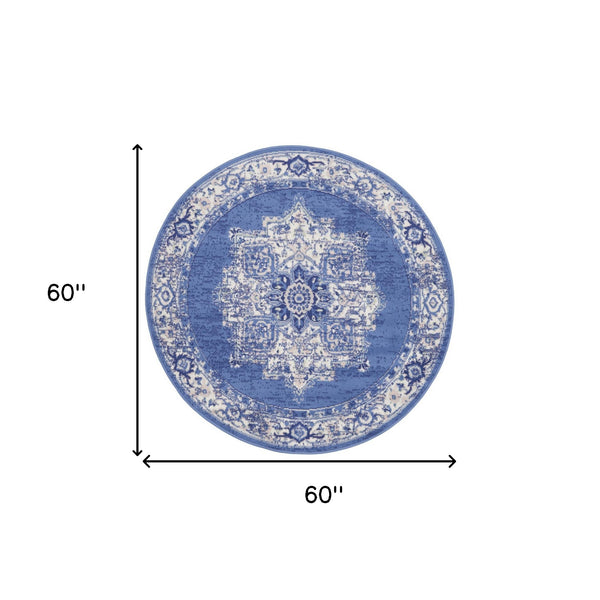 Homeroots 5' Ivory Navy Blue And Beige Floral Medallion Round Rug  Polypropylene 552415