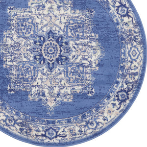 Homeroots 5' Ivory Navy Blue And Beige Floral Medallion Round Rug  Polypropylene 552415