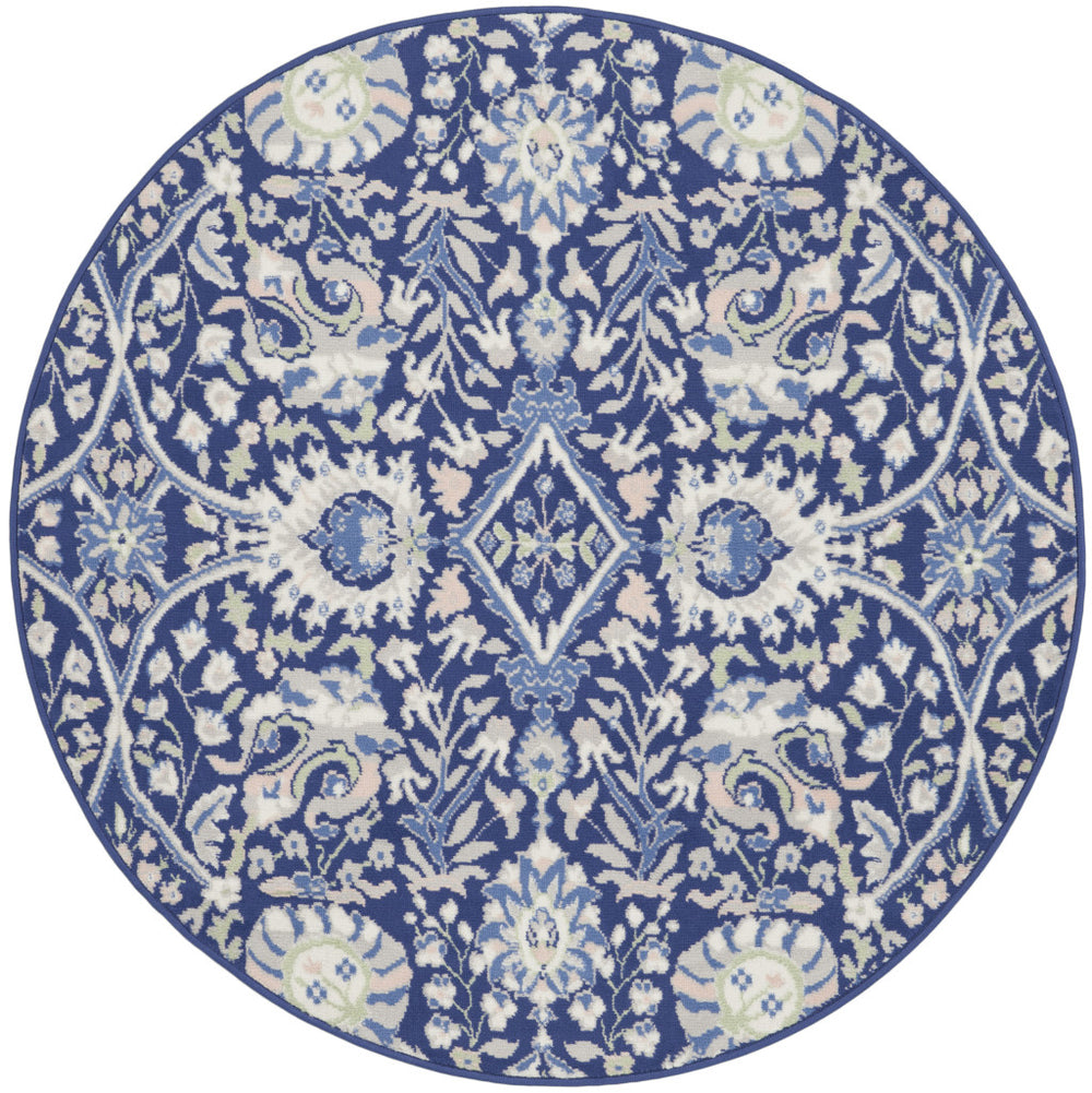 Homeroots 5' Navy Blue Ivory And Beige Floral Round Rug  Polypropylene 552417