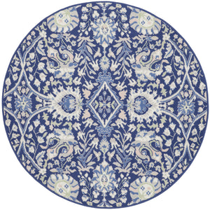 Homeroots 5' Navy Blue Ivory And Beige Floral Round Rug  Polypropylene 552417