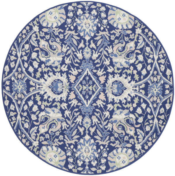 Homeroots 5' Navy Blue Ivory And Beige Floral Round Rug  Polypropylene 552417