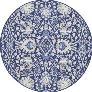 Homeroots 5' Navy Blue Ivory And Beige Floral Round Rug  Polypropylene 552417