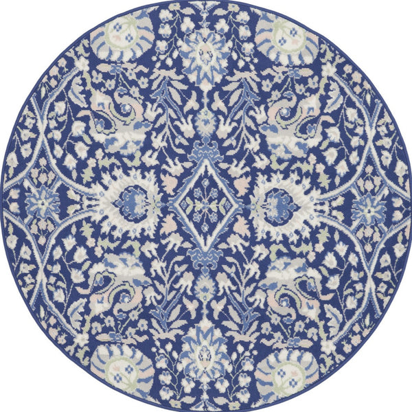 Homeroots 5' Navy Blue Ivory And Beige Floral Round Rug  Polypropylene 552417
