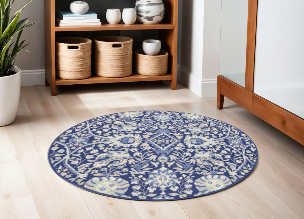 Homeroots 5' Navy Blue Ivory And Beige Floral Round Rug  Polypropylene 552417