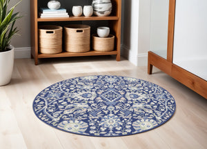 Homeroots 5' Navy Blue Ivory And Beige Floral Round Rug  Polypropylene 552417