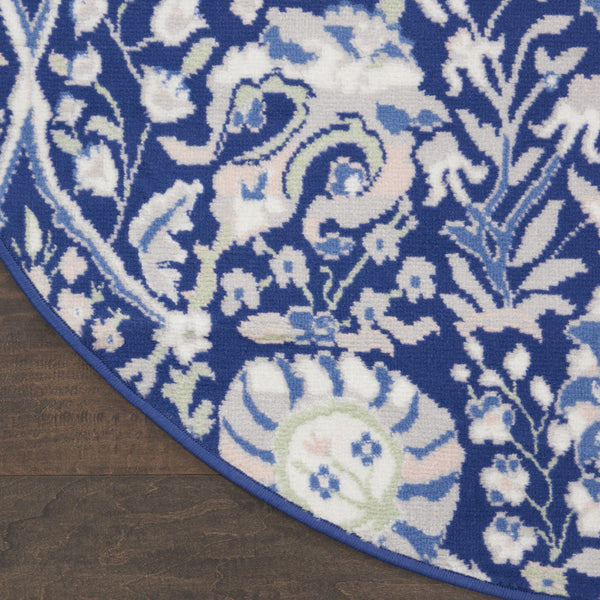 Homeroots 5' Navy Blue Ivory And Beige Floral Round Rug  Polypropylene 552417