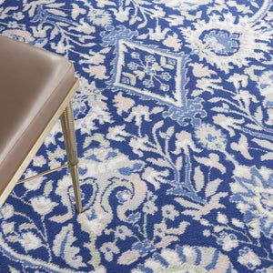 Homeroots 5' Navy Blue Ivory And Beige Floral Round Rug  Polypropylene 552417