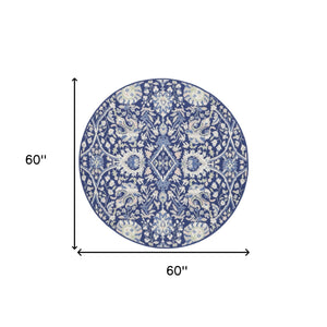 Homeroots 5' Navy Blue Ivory And Beige Floral Round Rug  Polypropylene 552417