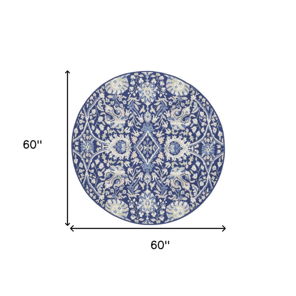 Homeroots 5' Navy Blue Ivory And Beige Floral Round Rug  Polypropylene 552417