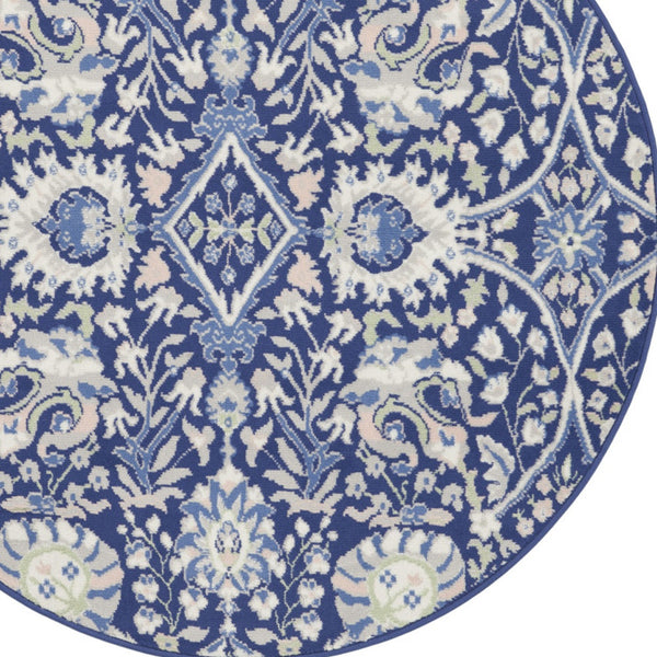 Homeroots 5' Navy Blue Ivory And Beige Floral Round Rug  Polypropylene 552417