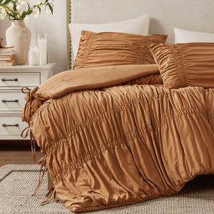 English Elm 2pcs Shabby Chic Ruched Comforter Set Bow Trim Brushed Polyester Fill Romantic Bedroom Brown B035P341088