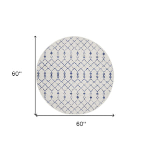 Homeroots 5' Ivory And Blue Geometric Round Rug  Polypropylene 552420
