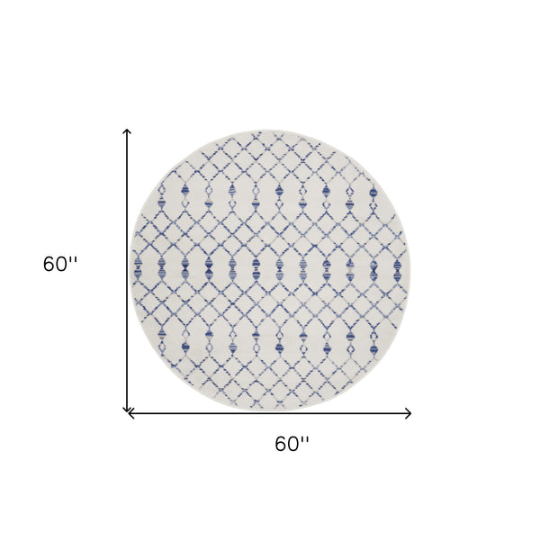 Homeroots 5' Ivory And Blue Geometric Round Rug  Polypropylene 552420