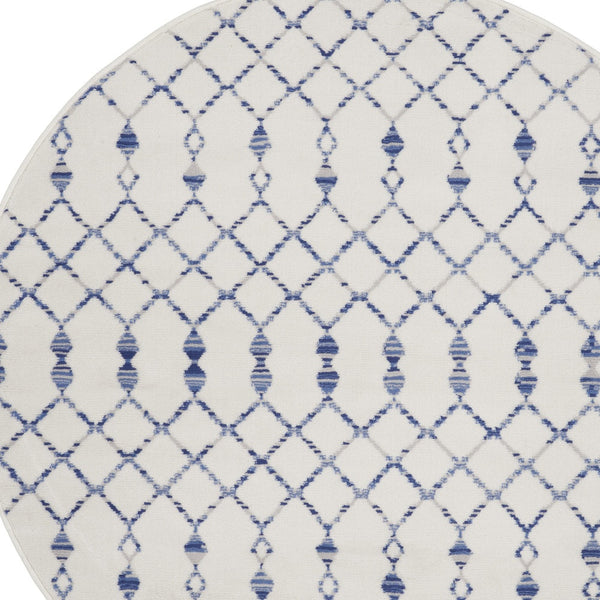 Homeroots 5' Ivory And Blue Geometric Round Rug  Polypropylene 552420