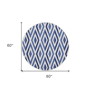 Homeroots 5' Ivory And Blue Geometric Round Rug  Polypropylene 552422