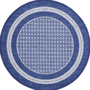 Homeroots 5' Ivory And Navy Blue Geometric Distressed Round Rug  Polypropylene 552423