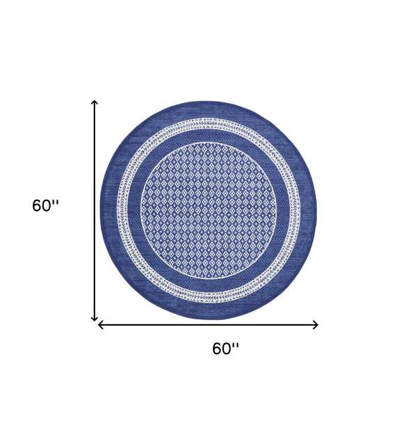 Homeroots 5' Ivory And Navy Blue Geometric Distressed Round Rug  Polypropylene 552423