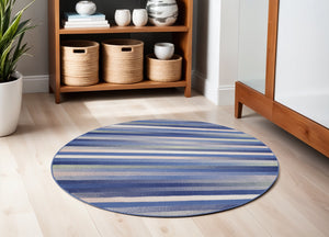 Homeroots 5' Ivory Tan And Blue Striped Round Rug  Polypropylene 552426