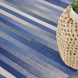 Homeroots 5' Ivory Tan And Blue Striped Round Rug  Polypropylene 552426