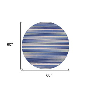 Homeroots 5' Ivory Tan And Blue Striped Round Rug  Polypropylene 552426