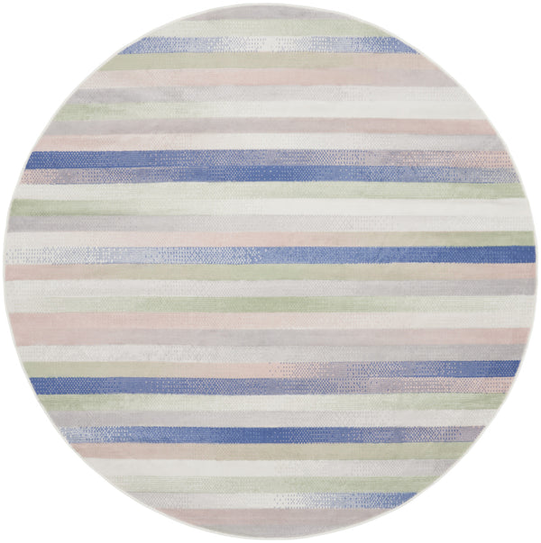 Homeroots 5' Ivory Tan And Blue Striped Round Rug  Polypropylene 552431
