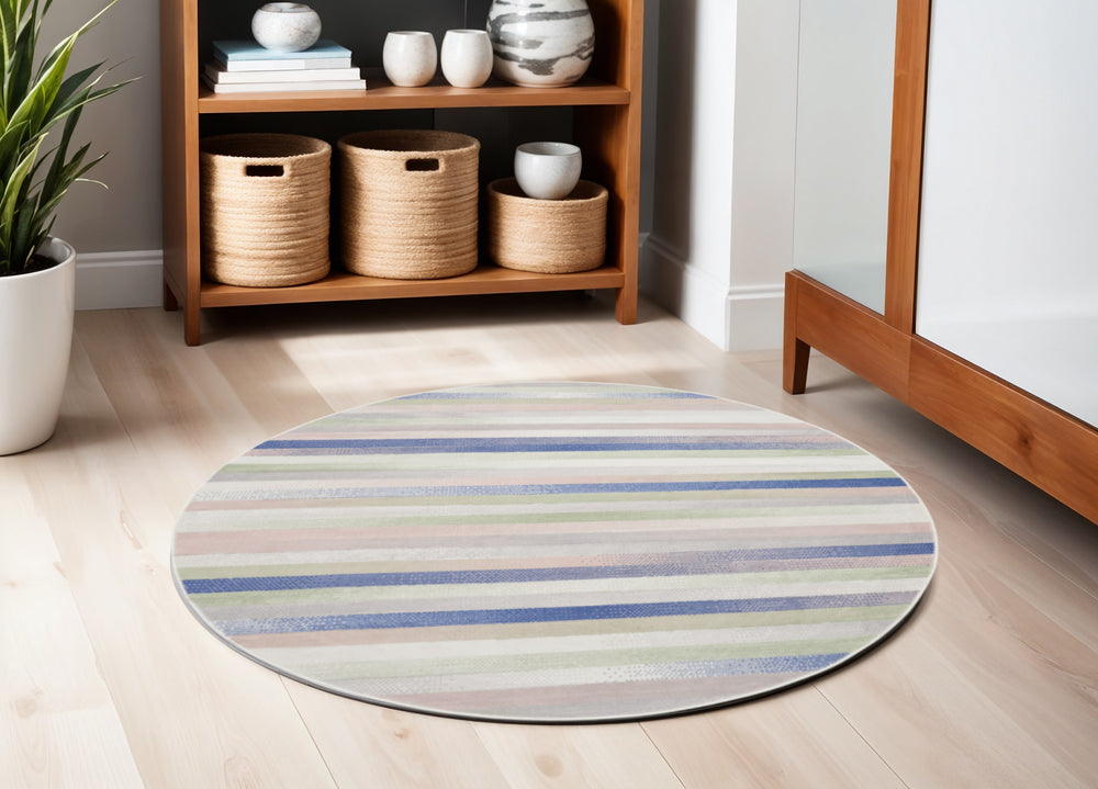 Homeroots 5' Ivory Tan And Blue Striped Round Rug  Polypropylene 552431