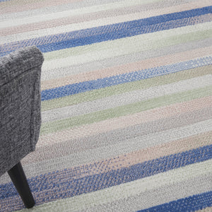 Homeroots 5' Ivory Tan And Blue Striped Round Rug  Polypropylene 552431