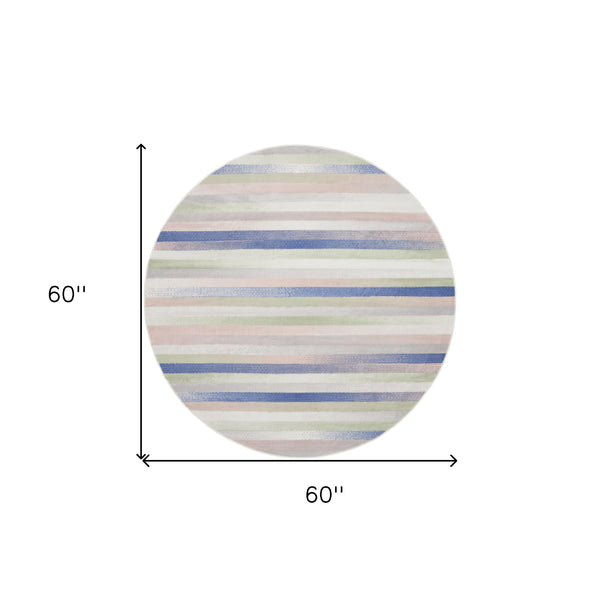 Homeroots 5' Ivory Tan And Blue Striped Round Rug  Polypropylene 552431