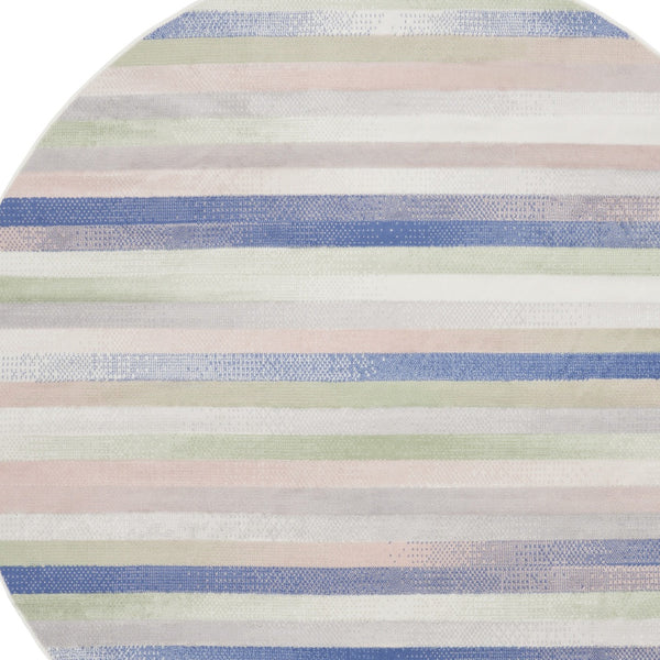 Homeroots 5' Ivory Tan And Blue Striped Round Rug  Polypropylene 552431