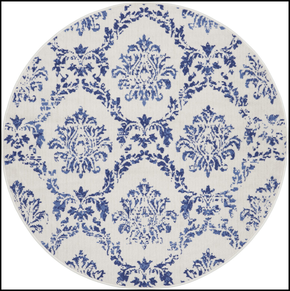 Homeroots 5' Ivory And Navy Blue Damask Distressed Round Rug  Polypropylene 552435