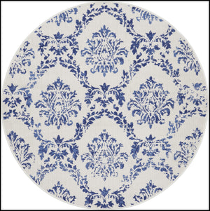 Homeroots 5' Ivory And Navy Blue Damask Distressed Round Rug  Polypropylene 552435