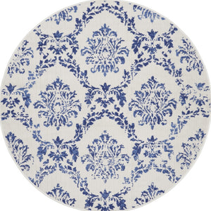 Homeroots 5' Ivory And Navy Blue Damask Distressed Round Rug  Polypropylene 552435