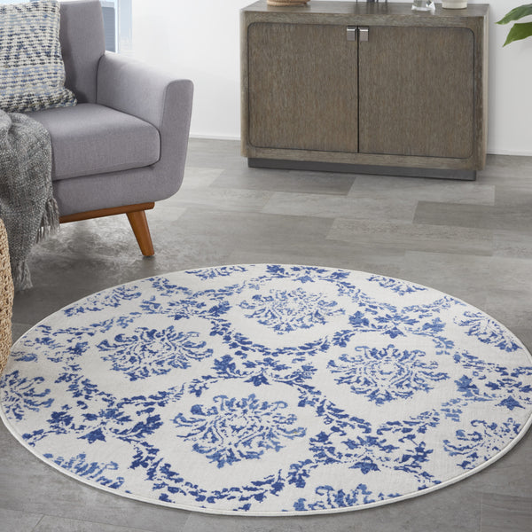 Homeroots 5' Ivory And Navy Blue Damask Distressed Round Rug  Polypropylene 552435
