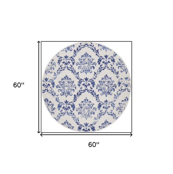 Homeroots 5' Ivory And Navy Blue Damask Distressed Round Rug  Polypropylene 552435