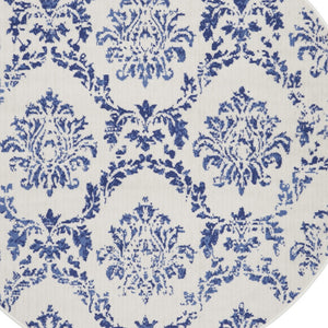 Homeroots 5' Ivory And Navy Blue Damask Distressed Round Rug  Polypropylene 552435