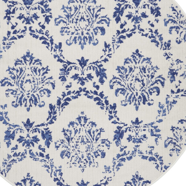 Homeroots 5' Ivory And Navy Blue Damask Distressed Round Rug  Polypropylene 552435