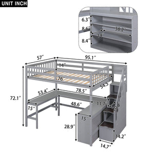 English Elm Full Space-Saving Loft Bed with Built-In L-Shaped Desk, Three-Tier Shelves and Stair Storage for Study Gray GX000431AAE