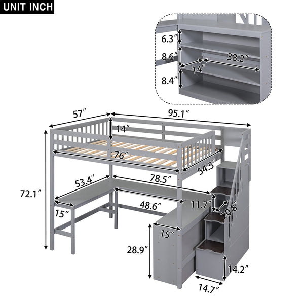English Elm Full Space-Saving Loft Bed with Built-In L-Shaped Desk, Three-Tier Shelves and Stair Storage for Study Gray GX000431AAE