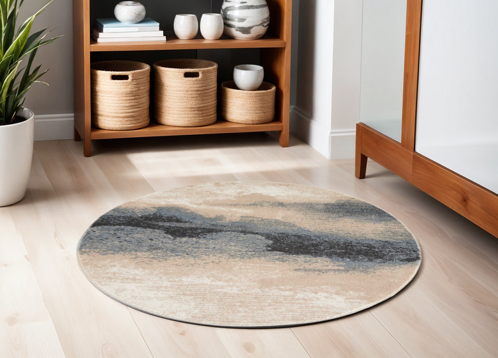 Homeroots 4' Gray Black And Beige Abstract Round Rug  Polyester 552462