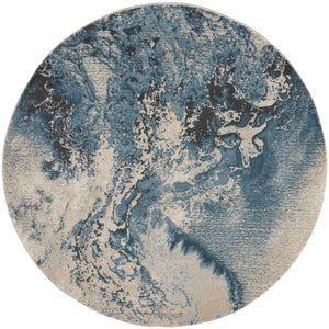 Homeroots 4' Ivory Teal Blue And Black Abstract Round Rug  Polyester 552464