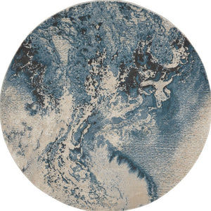 Homeroots 4' Ivory Teal Blue And Black Abstract Round Rug  Polyester 552464