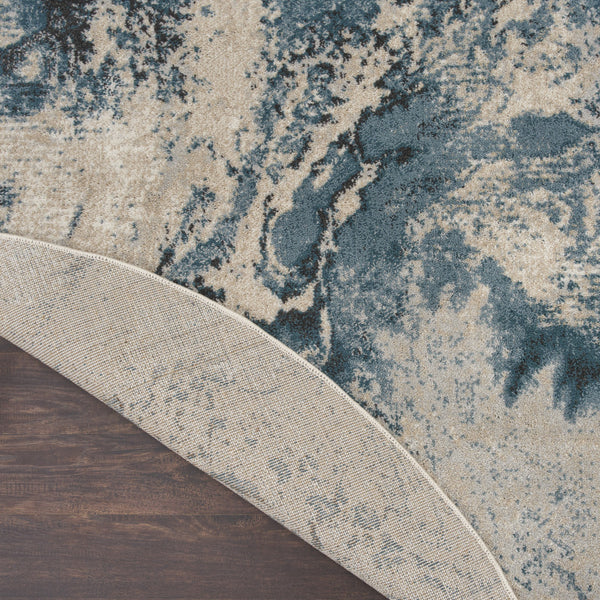 Homeroots 4' Ivory Teal Blue And Black Abstract Round Rug  Polyester 552464