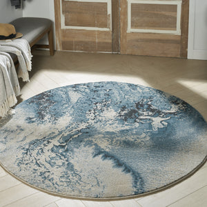 Homeroots 4' Ivory Teal Blue And Black Abstract Round Rug  Polyester 552464