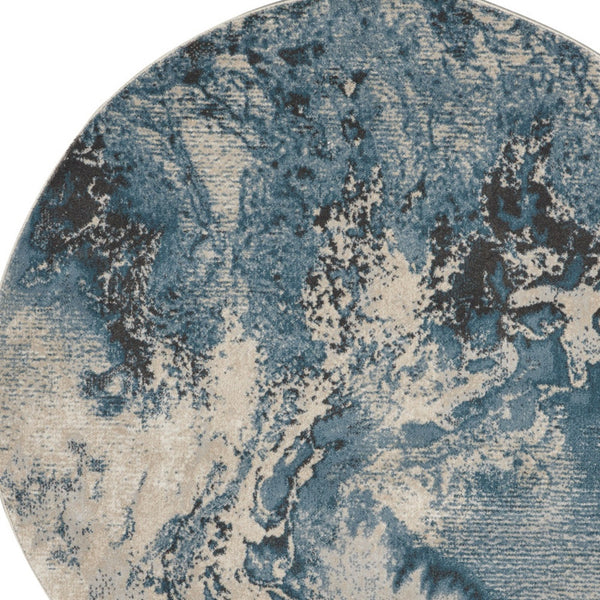 Homeroots 4' Ivory Teal Blue And Black Abstract Round Rug  Polyester 552464