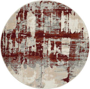 Homeroots 4' Ivory Red And Gray Abstract Round Rug  Polyester 552465