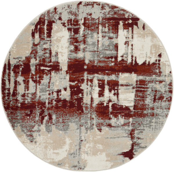 Homeroots 4' Ivory Red And Gray Abstract Round Rug  Polyester 552465